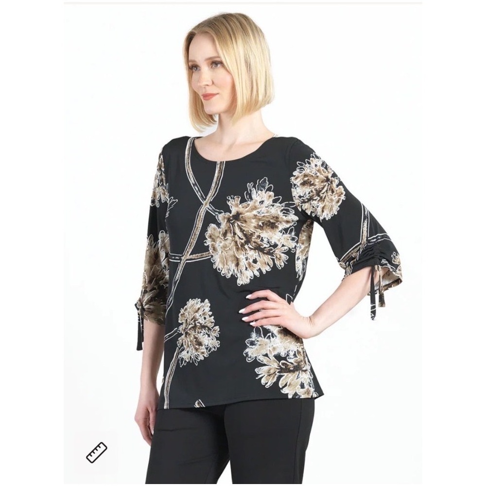 Clara Sunwoo Textured Pull-Tie Cuff Tunic Mum Blossom Black Floral Top Medium